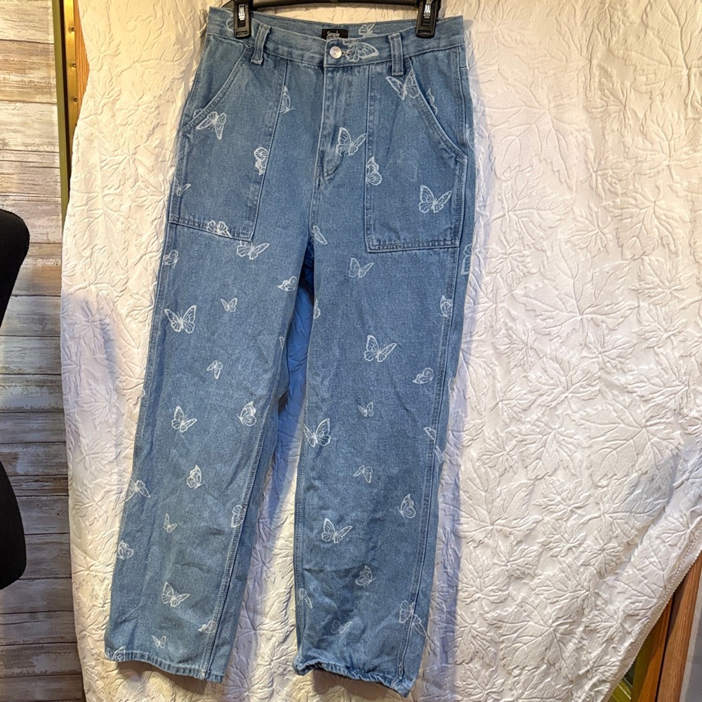 Simply Society 90s Y2KButterfly Print Blue Wide Leg Jeans size 7